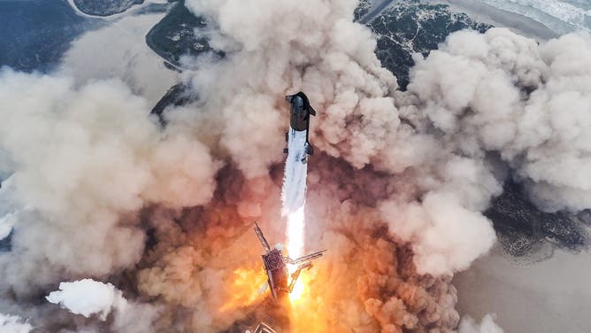 SpaceX Starship launches from Boca Chica, Texas on June 6, 2024 marking the fourth flight test for the company's reusable mega rocket. 