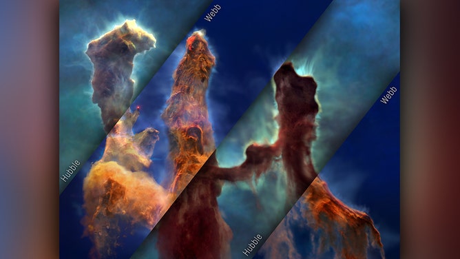 A mosaic of visible-light (Hubble) and infrared-light (Webb) views of the same frame from the Pillars of Creation visualization. The visualization sequence fades back and forth between these two models as the camera flies past and amongst the pillars. These contrasting views illustrate how observations from the two telescopes complement each other.