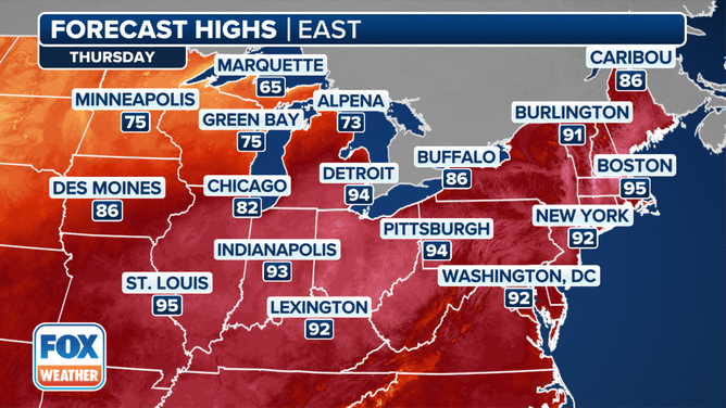 This graphic shows the forecast high temperatures on Thursday, June 20, 2024.