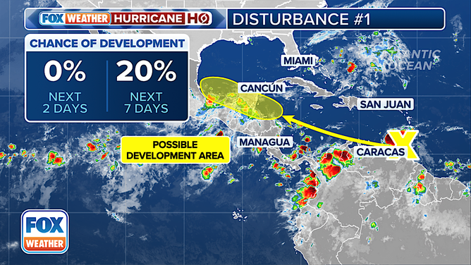 This graphic shows details on a tropical disturbance in the Atlantic Ocean.