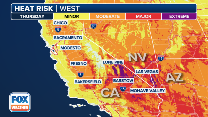 This is the heat risk map in the West on Thursday, June 6, 2024.