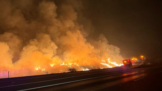 Firefighters fight work to contain the Corral Fire near I-580 in Tracy, California on Saturday, June 1, 2024.