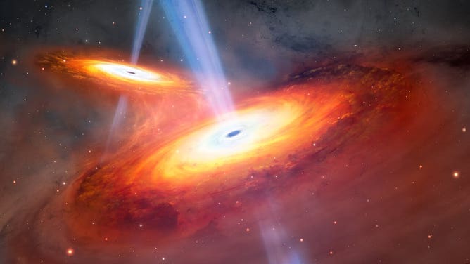 This illustration depicts two quasars in the process of merging.