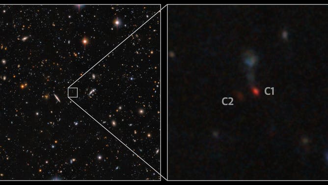 This image, taken with the Hyper Suprime-Cam on the Subaru Telescope, shows a pair of quasars in the process of merging. The faint patches of red caught the eye of astronomers and follow-up spectroscopy with the Gemini North telescope, one half of the International Gemini Observatory, which is supported in part by the U.S. National Science Foundation and operated by NSF NOIRLab, confirmed that these objects are quasars.