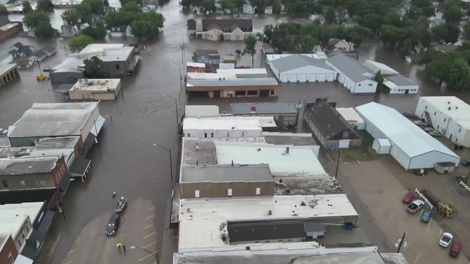 Drone video shows flooding in Rock Valley, Iowa on June 22, 2024.