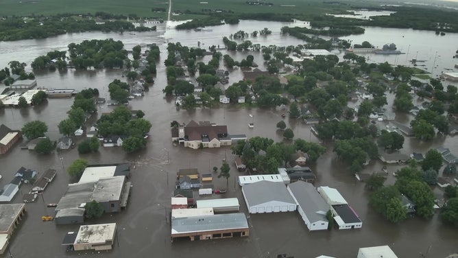 Drone video shows flooding in Rock Valley, Iowa on June 22, 2024.