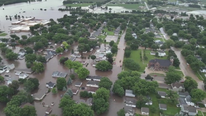 Drone video shows flooding in Rock Valley, Iowa on June 22, 2024.