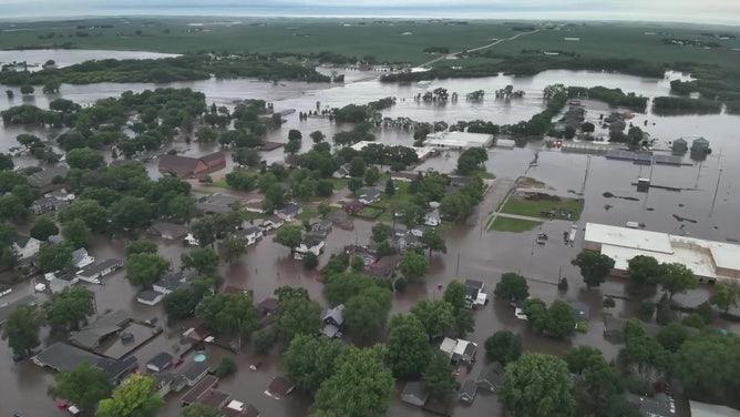 Drone video shows flooding in Rock Valley, Iowa on June 22, 2024.