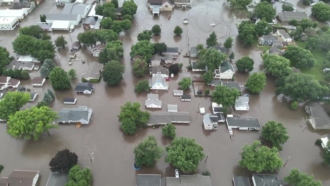 Drone video shows flooding in Rock Valley, Iowa on June 22, 2024.