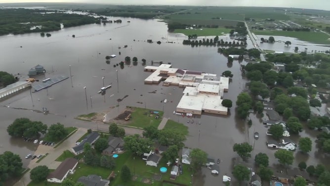 Drone video shows flooding in Rock Valley, Iowa on June 22, 2024.