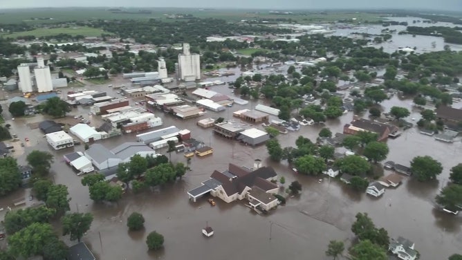 Drone video shows flooding in Rock Valley, Iowa on June 22, 2024.