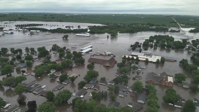 Drone video shows flooding in Rock Valley, Iowa on June 22, 2024.