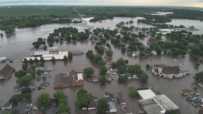 Drone video shows flooding in Rock Valley, Iowa on June 22, 2024.