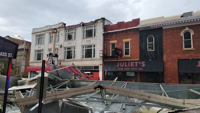 This photo shows major damage left behind after severe weather in Joliet, Illinois, on Sunday, July 14, 2024.