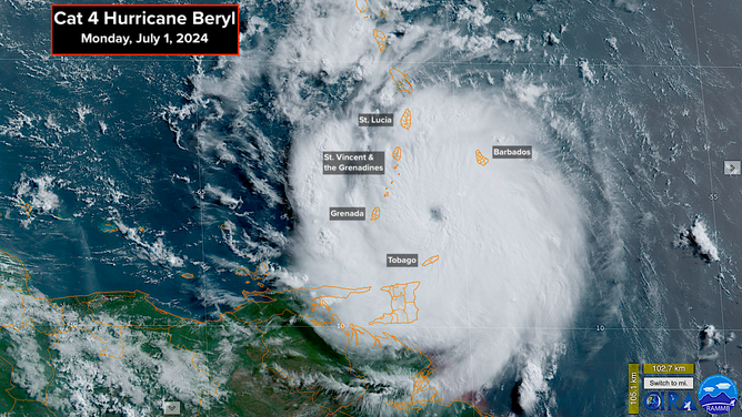 This is a satellite image of Hurricane Beryl on Monday, July 1, 2024.