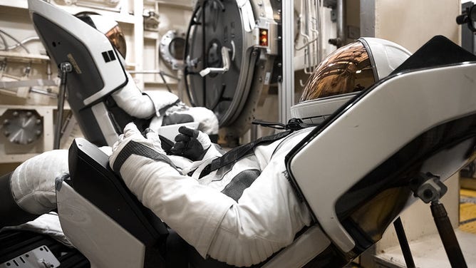 Polaris Dawn EVA spacesuit acceptance testing at Johnson Space Center in Houston.