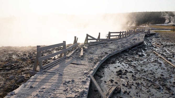 Biscuit Basin hydrothermal explosion: Boardwalk condition post-explosion.
