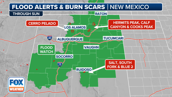 Flood alerts in New Mexico and wildfire burn scars.