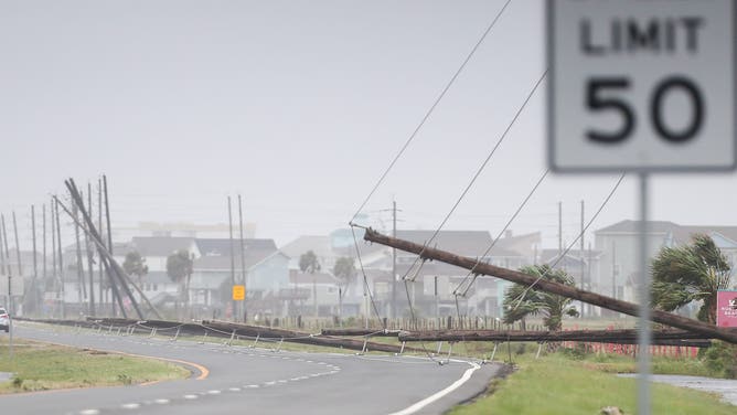 Fallen power lines on Termini San Louis Pass Road on Galveston Island as a result of Hurricane Beryl on Monday, July 8, 2024.
