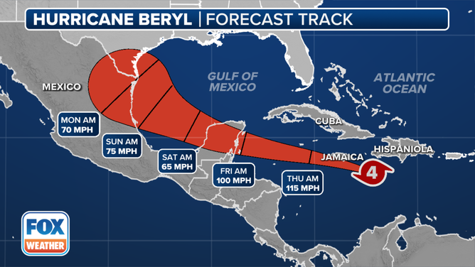 Forecast cone for Hurricane Beryl.