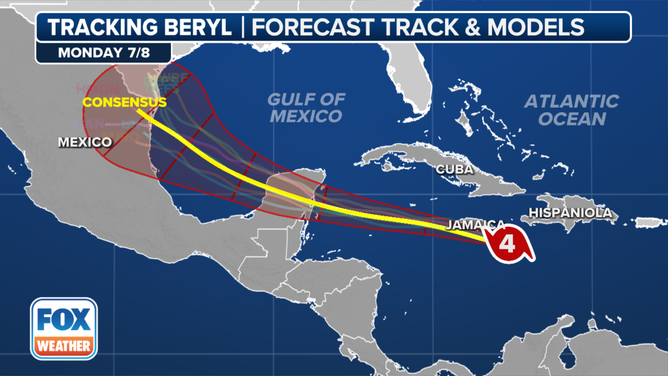 This graphic shows the forecast track of Hurricane Beryl.
