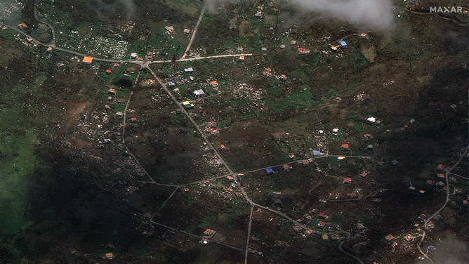 Maxar satellite imagery shows Brunswick, Carriacou in Grenada after Hurricane Beryl on July 2,2024.