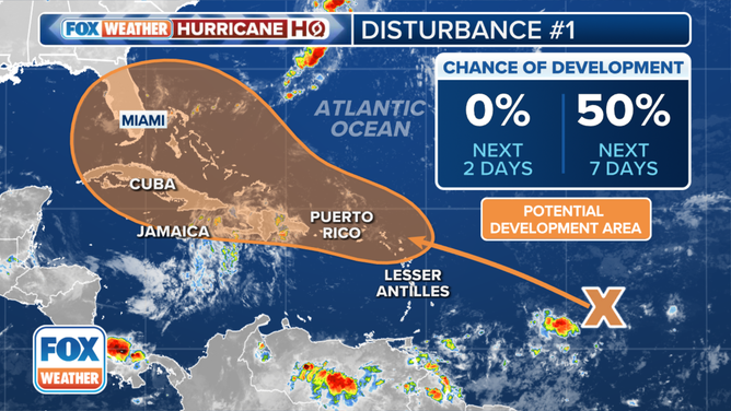 The outlook for a tropical disturbance in the Atlantic.