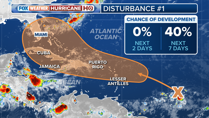 The outlook for a tropical disturbance in the Atlantic.