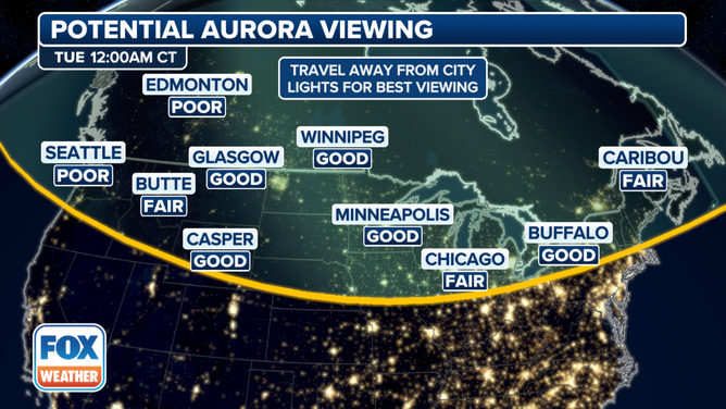 Aurora lights viewing forecast for Tuesday night.