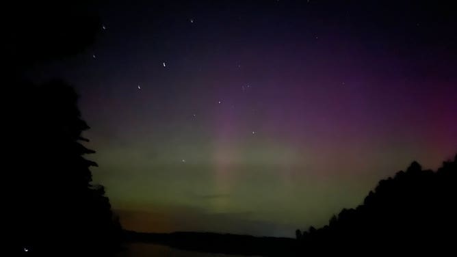 Photos taken with an iPhone 13 show aurora lights south of Sudbury, Ontario, Canada at Grundy Lake Provincial Park.