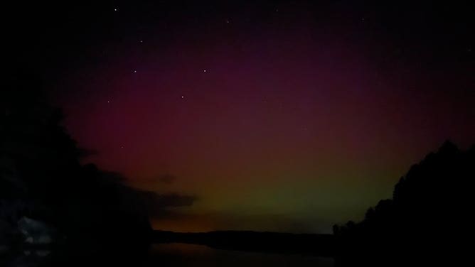 Photos taken with an iPhone 13 show aurora lights south of Sudbury, Ontario, Canada at Grundy Lake Provincial Park.