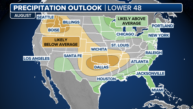 August precipitation outlook from NOAA's Climate Prediction Center.