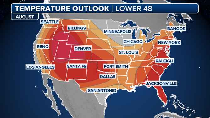 The August 2024 temperature outlook by NOAA's Climate Prediction Center.