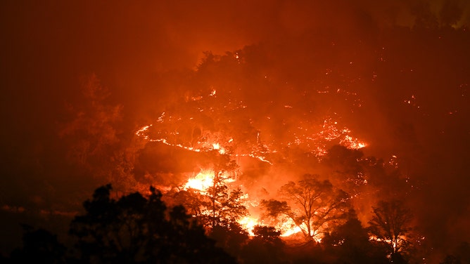 A view of flames as Thompson Fire of wildfires continue in Oroville of Butte County in California, on July 2, 2024.