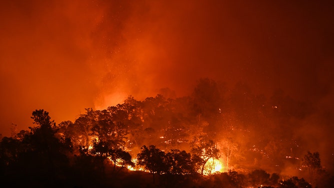 A view of flames as Thompson Fire of wildfires continue in Oroville of Butte County in California, on July 2, 2024.