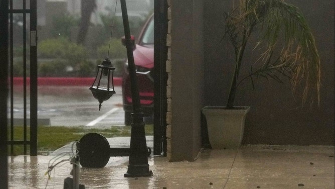 Broken lamppost at a hotel in Galveston due to Hurricane Beryl on Monday, July 8, 2024.