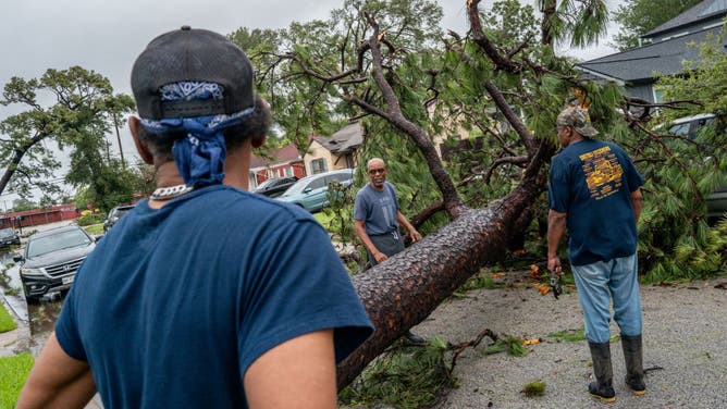 Residents assess a fallen tree in their in their neighborhood after Hurricane Beryl swept through the area on July 08, 2024 in Houston, Texas. Tropical Storm Beryl developed into a Category 1 hurricane as it hit the Texas coast late last night.