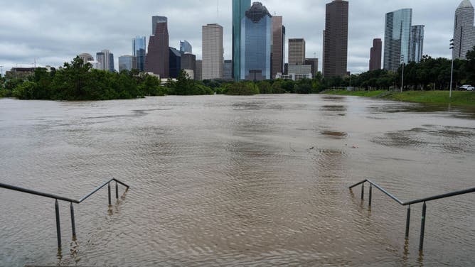 Buffalo Bayou floods near Downtown Houston just after Hurricane Beryl made landfall on Monday, July 8, 2024 in Houston.