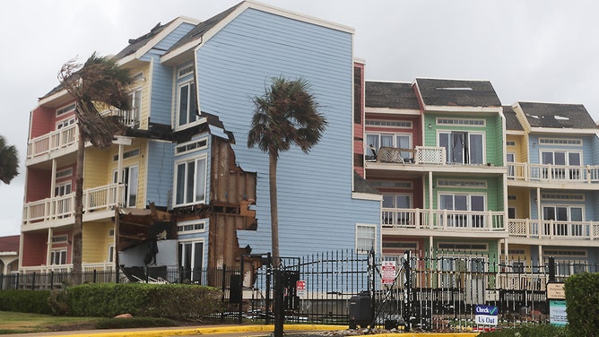 Damaged apartment complex on The Seawall Boulevard in Galveston following Hurricane Beryl on Monday, July 8, 2024.
