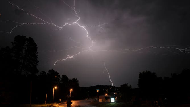 Lighting during a thunderstorm on July 17, 2024 in Ruidoso, New Mexico.