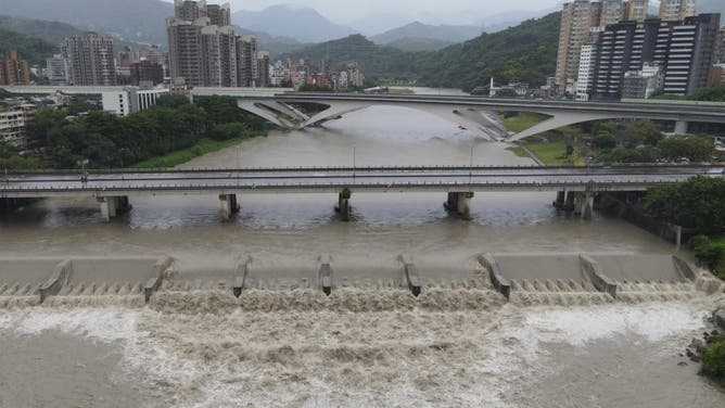 An aerial view shows Xindian river's rising water level at New Taipei City