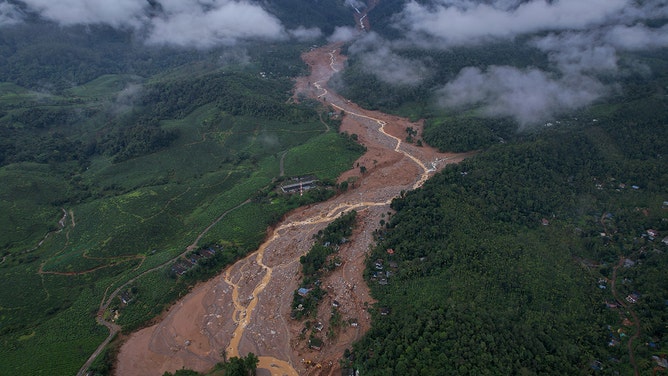 An aerial view shows the site of a landslide on July 31, 2024 in Chooralmala village, India.