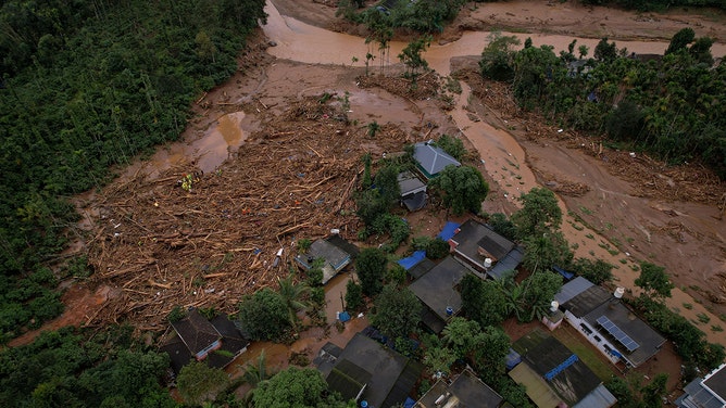 An aerial view shows the site of a landslide on July 31, 2024 in Chooralmala village, India.
