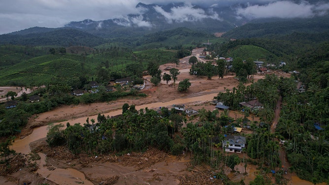 An aerial view shows the site of a landslide on July 31, 2024 in Chooralmala village, India.