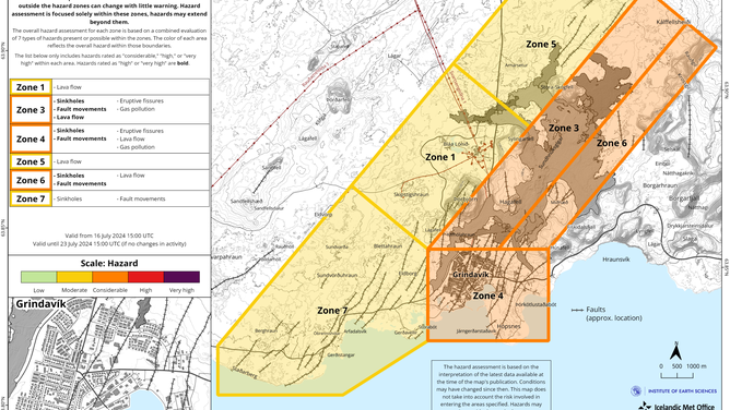 This graphic from the Icelandic Meteorological Office shows the updated hazard map for volcanic unrest in the Grindavik area and remains valid until July 23, 2024.