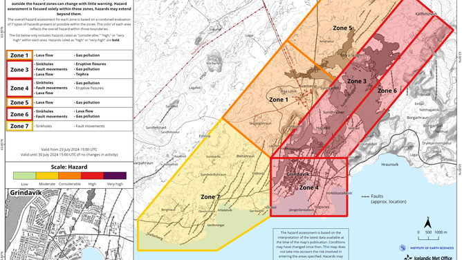 This graphic shows areas where the volcanic threat is highest in southwestern Iceland.