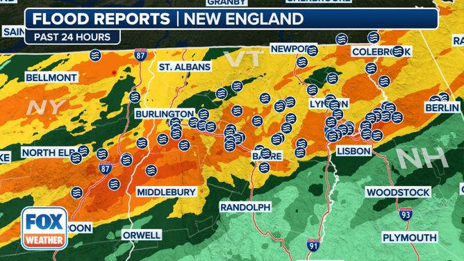 This graphic shows the flood reports in New England.