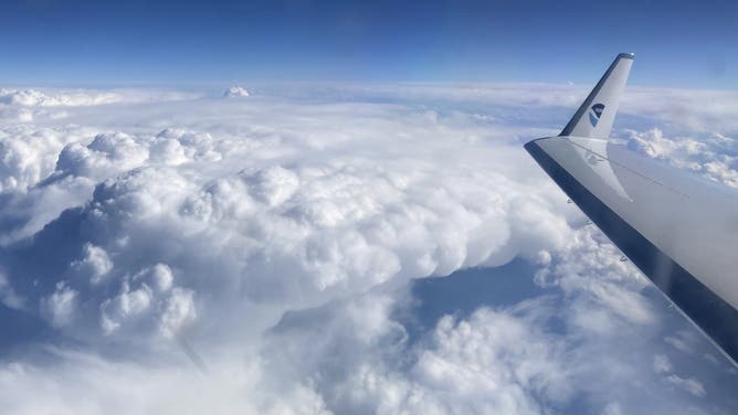 View from NOAA's Gulfstream IV-SP as it flies over an atmospheric river system during a mission on January 9, 2023.
