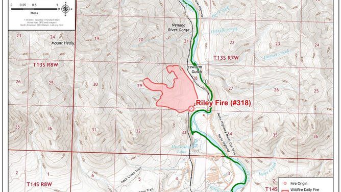 A map showing the Riley Fire perimeter in Denali National Park.