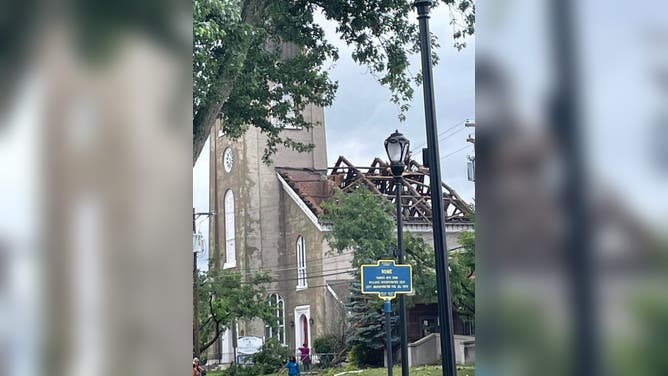 Storm damage seen in downtown Rome, New York, on Tuesday, July 16, 2024.
